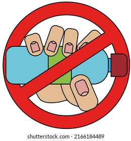 Hand holding plastic bottle with drink, prohibition sign isolated on white background in cartoon style in vector graphic