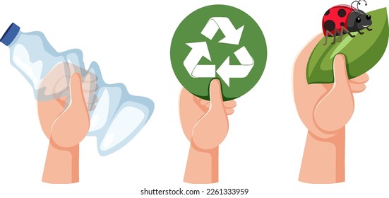 Hand holding plastic bottle and recycle symbol illustration
