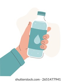 Hand holding a plastic bottle of water with a drop symbol. Flat cartoon style. Concept of hydration, healthy lifestyle, or eco drinking habit. Isolated on white background.

