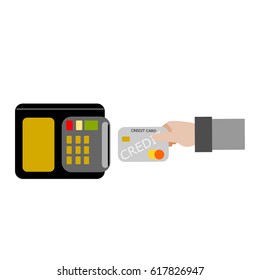  Hand holding plastic card in payment machine on white background . Hand holding credit card.