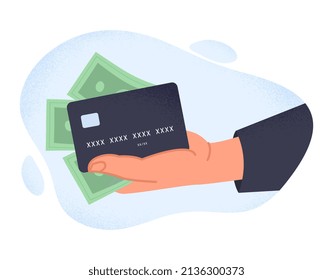 Hand holding plastic credit card concept. Contactless or cashless payment for purchases on Internet or online store. Modern technologies for transactions money. Cartoon flat vector illustration