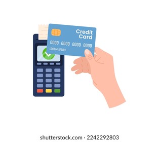 Hand holding plastic credit card over POS flat style, vector illustration isolated on white background. NFC pay hand, cashless modern technologies, design element