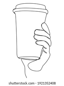 Hand holding plastic cup Coffee drink Сontinuous line drawing Black white single line Vector illustration