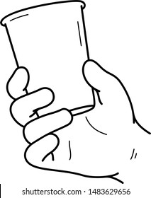 Hand Holding A Plastic Cup With Water.  Vector Outline Icon.