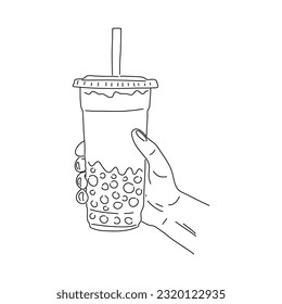 Mano sosteniendo vasos de plástico con una bebida de burbuja. Ilustración de estilo Doodle. Vector.
