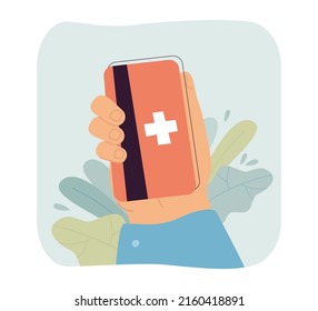 Hand Holding Plastic Health Insurance Card. Person Buying Medical Care And Service Flat Vector Illustration. Healthcare, Pharmacy, Finance Concept For Banner, Website Design Or Landing Web Page