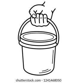 Hand holding plastic paint bucket. Vector flat outline icon illustration isolated on white background.