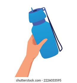 Hand Holding Plastic Reusable Bottle Of Soda Or Pure Still Water, Flat Cartoon Vector Illustration Isolated On White Background. Refreshing Or Sports Drink Bottle.