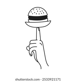 Mão segurando placa com Burger ícone Doodle. Gesto de dedo com hambúrguer. Símbolo de comida rápida lúdica desenhado para entrega de cardápio de restaurante. Ilustração do vetor de contorno