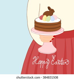 A hand holding a plate with cake with chocolate bunny and eggs, Easter greeting card, hand drawn vector illustration