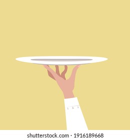 Hand holding plate. Concept for banner, poster, card, design.