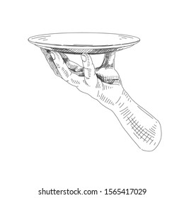 Hand holding plate hand drawn illustration. Serving dish methods professional etiquette sketch. Waiters palms carrying empty plate on fingertips, in both hands engravings