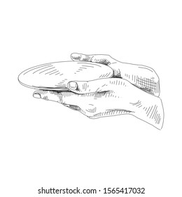Hand holding plate hand drawn illustration. Serving dish methods professional etiquette sketch. Waiters palms carrying empty plate on fingertips, in both hands engravings