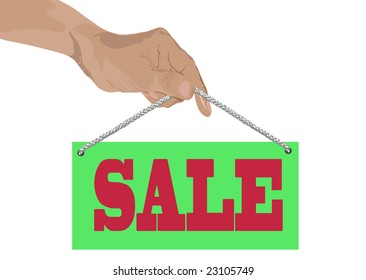 The hand holding the plate with the inscription "SALE"