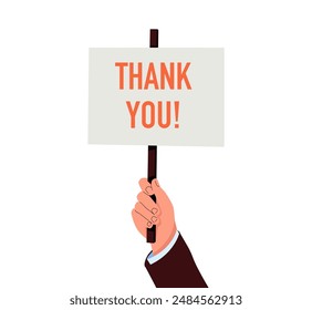 Hand holding plate with sign Thank you. Vector simple illustrations, hand and gesture in modern style, sticker gesture, print and poster design. Hand holding placard