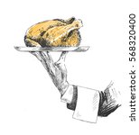 Hand holding plate of whole roasted chicken, Hand Drawn Sketch Vector illustration.