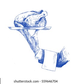 Hand holding plate of whole roasted chicken, Hand Drawn Sketch Vector illustration.