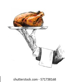 Hand holding plate of whole roasted chicken, Hand Drawn Sketch Vector illustration.