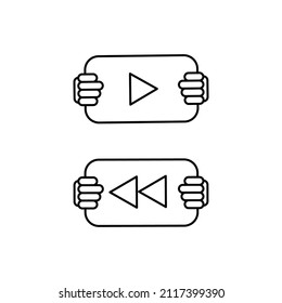 Hand Holding Play and Rewind Button Outline Icon Illustration on White Background
