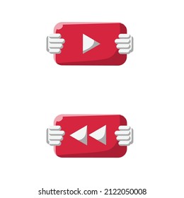 Hand Holding Play and Rewind Button Flat Icon Set. Clean and Shiny Illustration Design Element on Isolated White Background