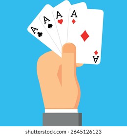 Mão segurando cartas de jogo de 4 ases, jogo ou elemento gráfico de lazer