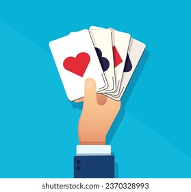 Hand holding playing cards casino concept. vector illustration