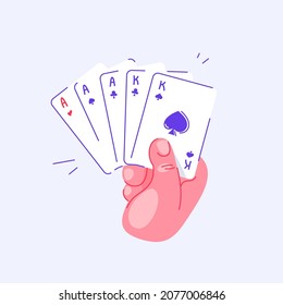 Hand holding playing cards. Full house in poker. Pastime with friends. Family table leisure games. Sports and recreation. Isolated background.