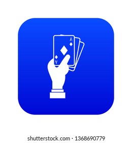 Hand holding playing cards icon digital blue for any design isolated on white vector illustration