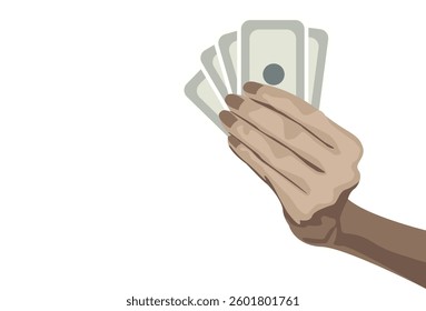 Hand holding playing cards, no view of the cards isolated on white background