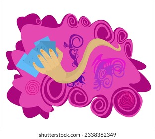 A hand, holding playing cards on a vintage fantasy pink background. This surreal cartoon concept can be used as a logotype for creative, gaming companies, as a print for t-shirts. Vector, isolated.