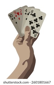 Hand holding playing cards on white background