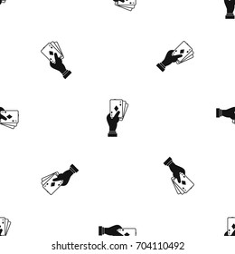 Hand holding playing cards pattern repeat seamless in black color for any design. Vector geometric illustration