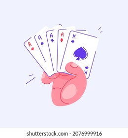 Mano sosteniendo cartas jugando cartas en el póker. Cuatro de una especie. Pasatiempo con amigos. Juegos familiares de ocio de mesa. Deportes y actividades recreativas. Fondo aislado.