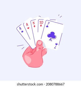 Mano sosteniendo cartas jugando cartas en el póker. Un Par. Pasatiempo con amigos. Juegos familiares de ocio de mesa. Deportes y actividades recreativas. Fondo aislado.