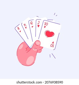 Hand holding playing cards. Royal flush in hearts in poker. Pastime with friends. Family table leisure games. Sports and recreation. Isolated background.