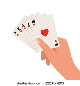 Hand, die Karten hält. Ein königlicher Straight flush in die Herzen. Vektorgrafik