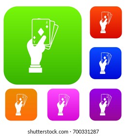 Hand holding playing cards set icon in different colors isolated vector illustration. Premium collection