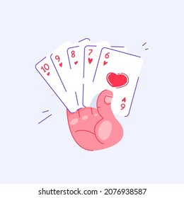 Hand holding playing cards. Straight flush in hearts in poker. Pastime with friends. Family table leisure games. Sports and recreation. Isolated background.