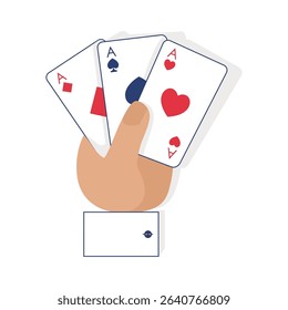 Mão segurando cartas de baralho. Três cartas de ás, diamantes, espadas, corações. Combinação de sorte na mão do jogador de casino de poker. Ilustração do vetor de esboço