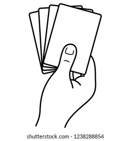 Hand holding playing cards. Vector flat outline icon illustration isolated on white background.