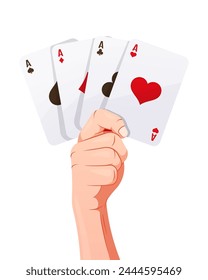 Hand holding playing cards vector isolated on white background.