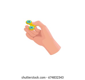 Hand holding, playing and making tricks with fidget spinner, isometric vector illustration with colorful anti-stress toys or gadgets