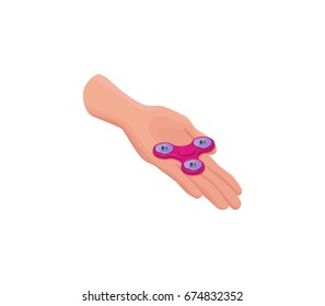 Hand holding, playing and making tricks with fidget spinner, isometric vector illustration with colorful anti-stress toys or gadgets