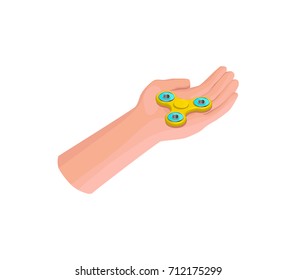 Hand holding, playing and making tricks with fidget spinner, isometric vector illustration