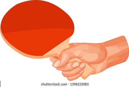 Hand is holding playing a racket from a moving game - table tennis. Concept of entertainment, sleight of hand, gaming activities, ping pong game. Vector illustration isolated.