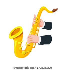 Hand holding and playing saxophone symbol in cartoon style illustration vector isolated in white background