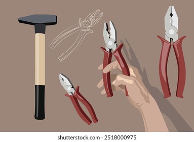 Hand holding pliers. Hammer and pliers. Repair tools, line drawing of pliers.