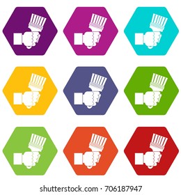 Hand holding pliers with handles icon set many color hexahedron isolated on white vector illustration