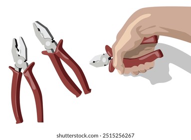 A hand holding pliers on white background and next to it two pairs of red handle pliers.