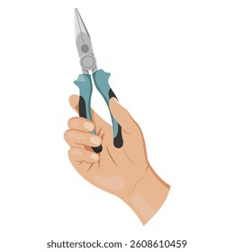 Hand holding pliers tool with blue grip on white background. Vector illustration